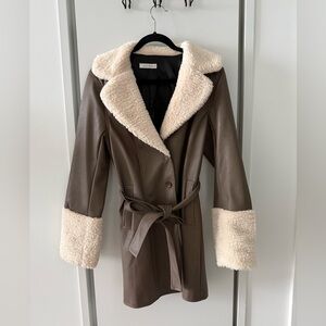 Taupe Faux Leather Coat with Cream Sherpa Lining
